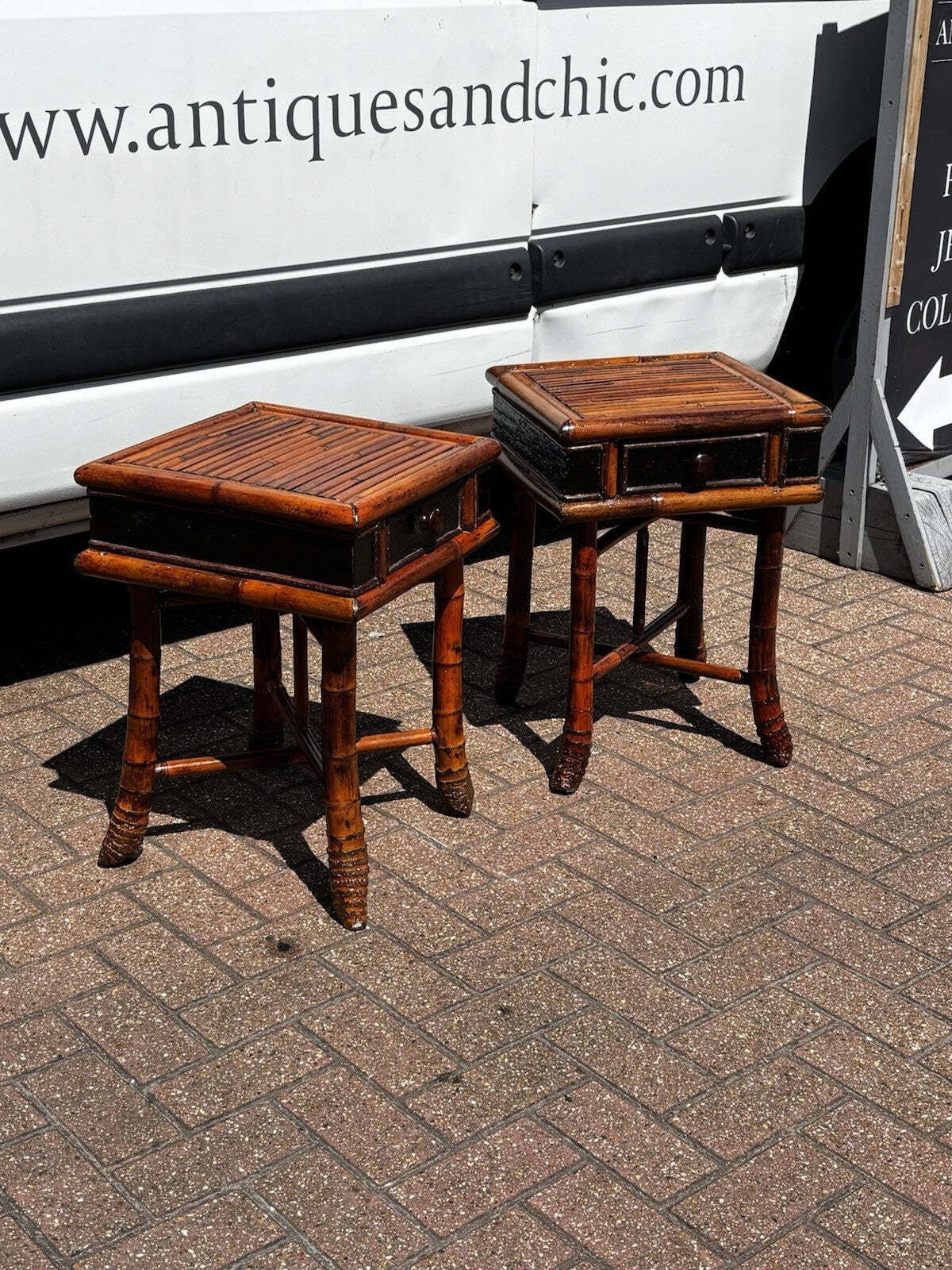 Pair Vintage Bamboo Bedside Tables, Lamp Tables, Side Tables. Each With Drawer.
