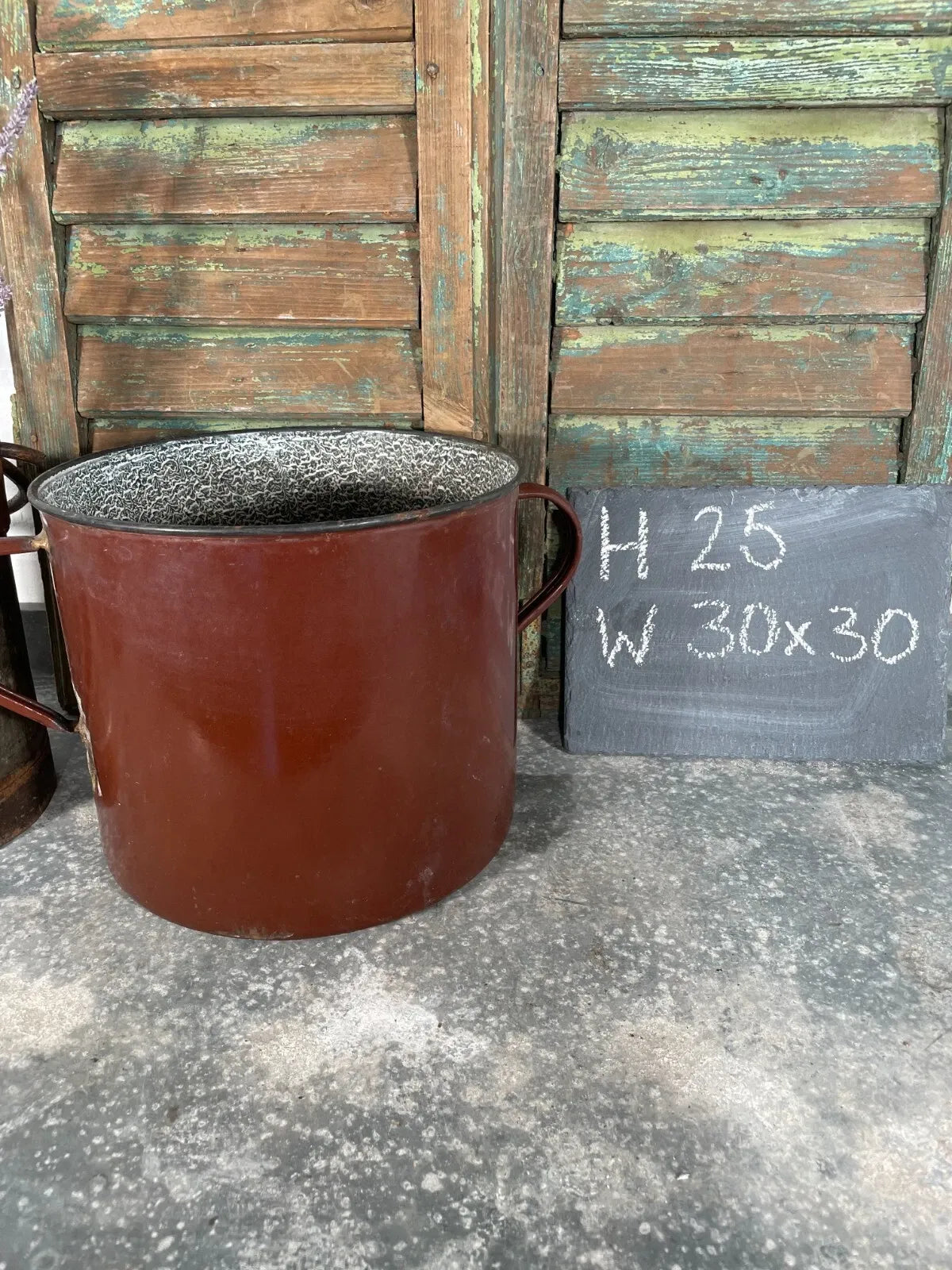 Vintage French Brown Enamel Cooking Pot Tub Garden Planter