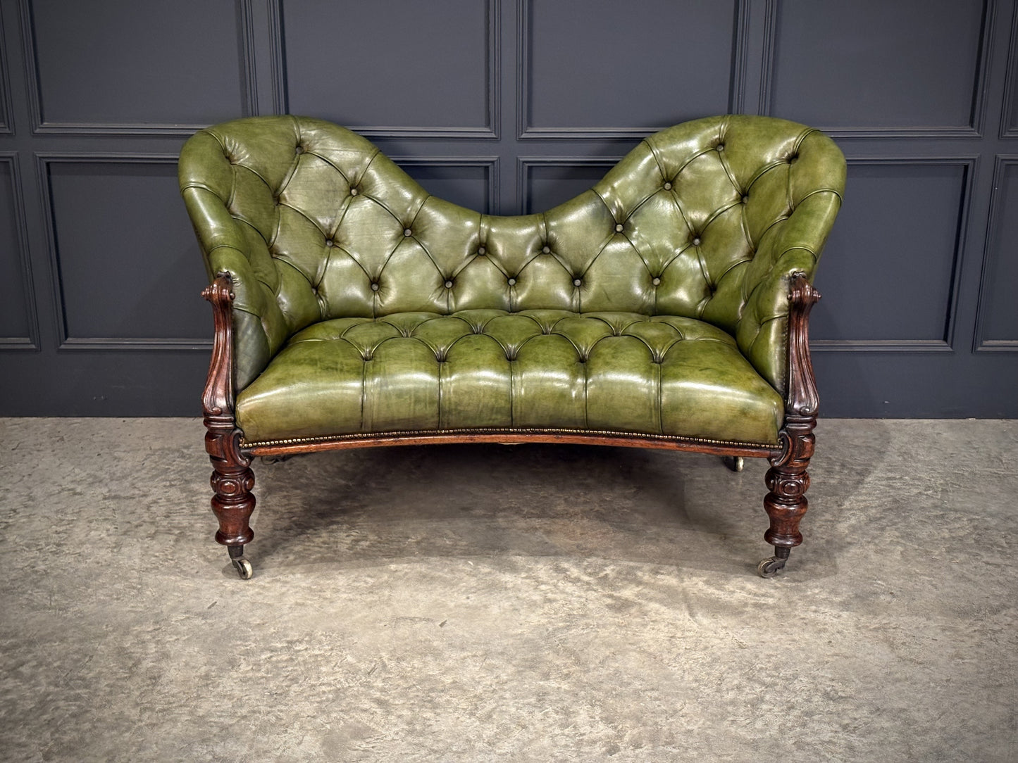Vintage Victorian Green Buttoned Leather Double Spoon Back Sofa