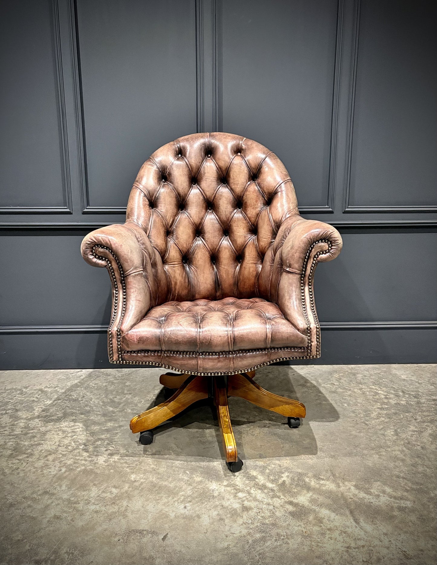 Buttoned Leather Antique Swivel Desk Chair