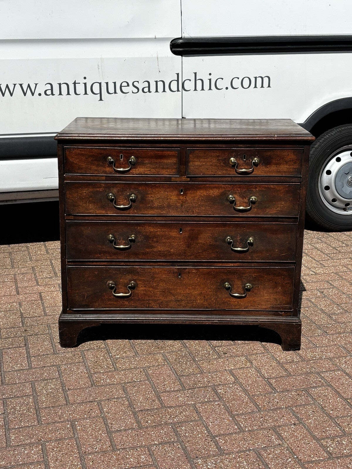 Vintage Georgian Mahogany Chest Of Drawers. Brass Handles, Bracket Feet.