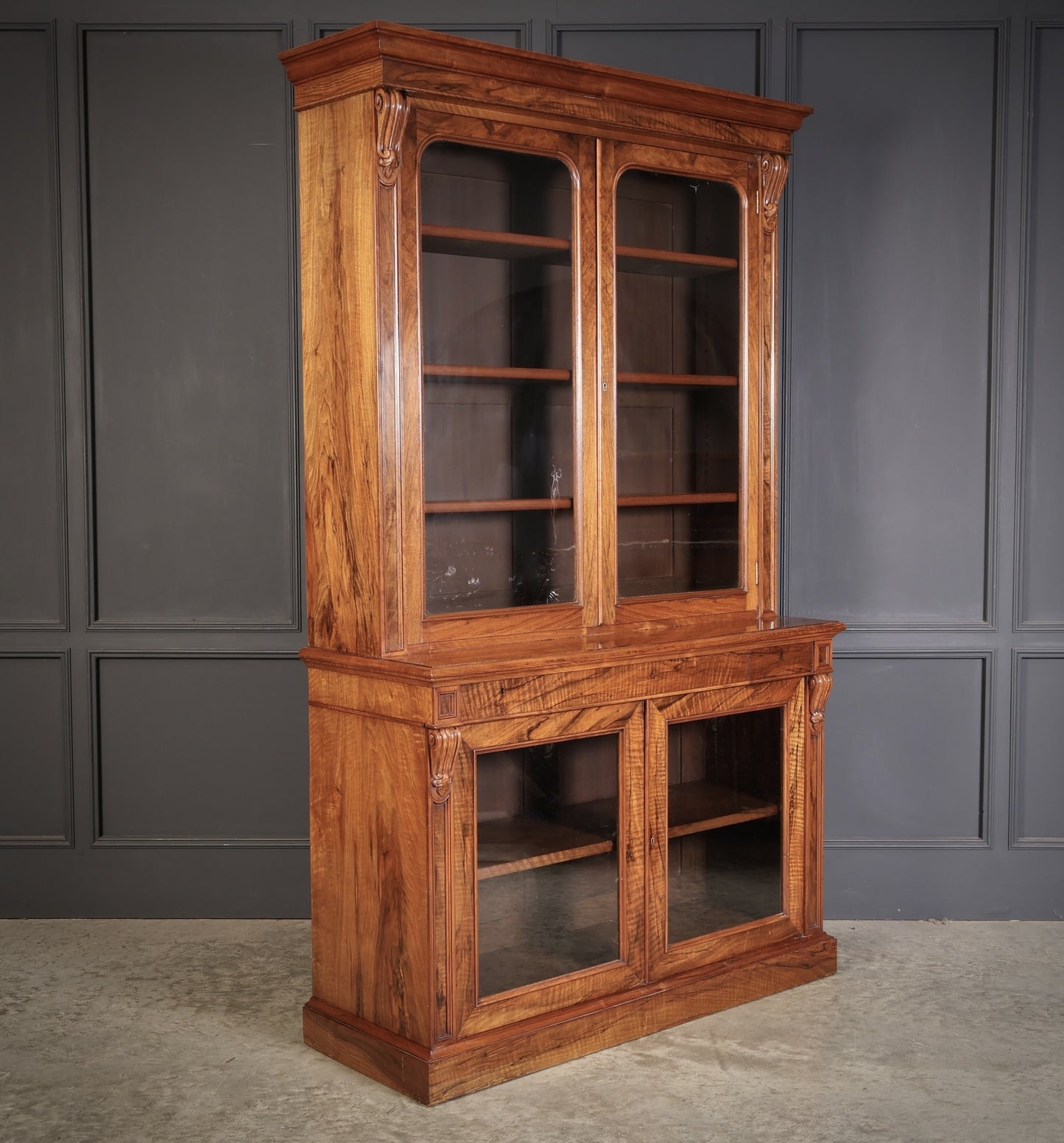 Fine William IV Walnut Vintage Glazed Bookcase Display Cabinet