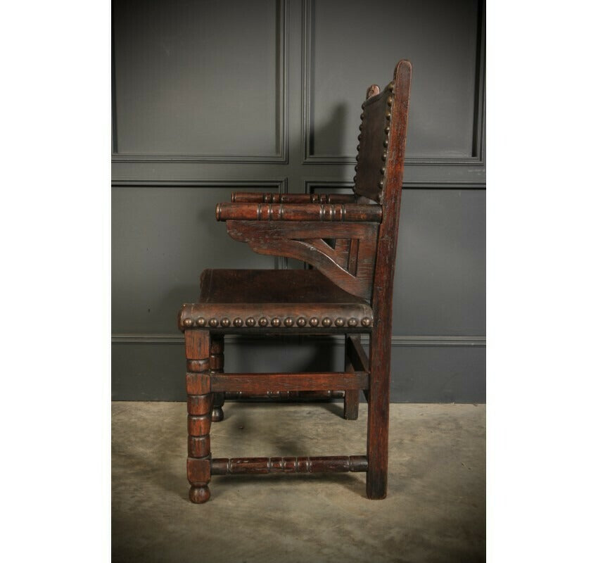 Pair Of Oak And Leather Antique Armchairs