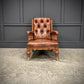 Pair Of Oak & Buttoned Vintage Leather Library Armchairs