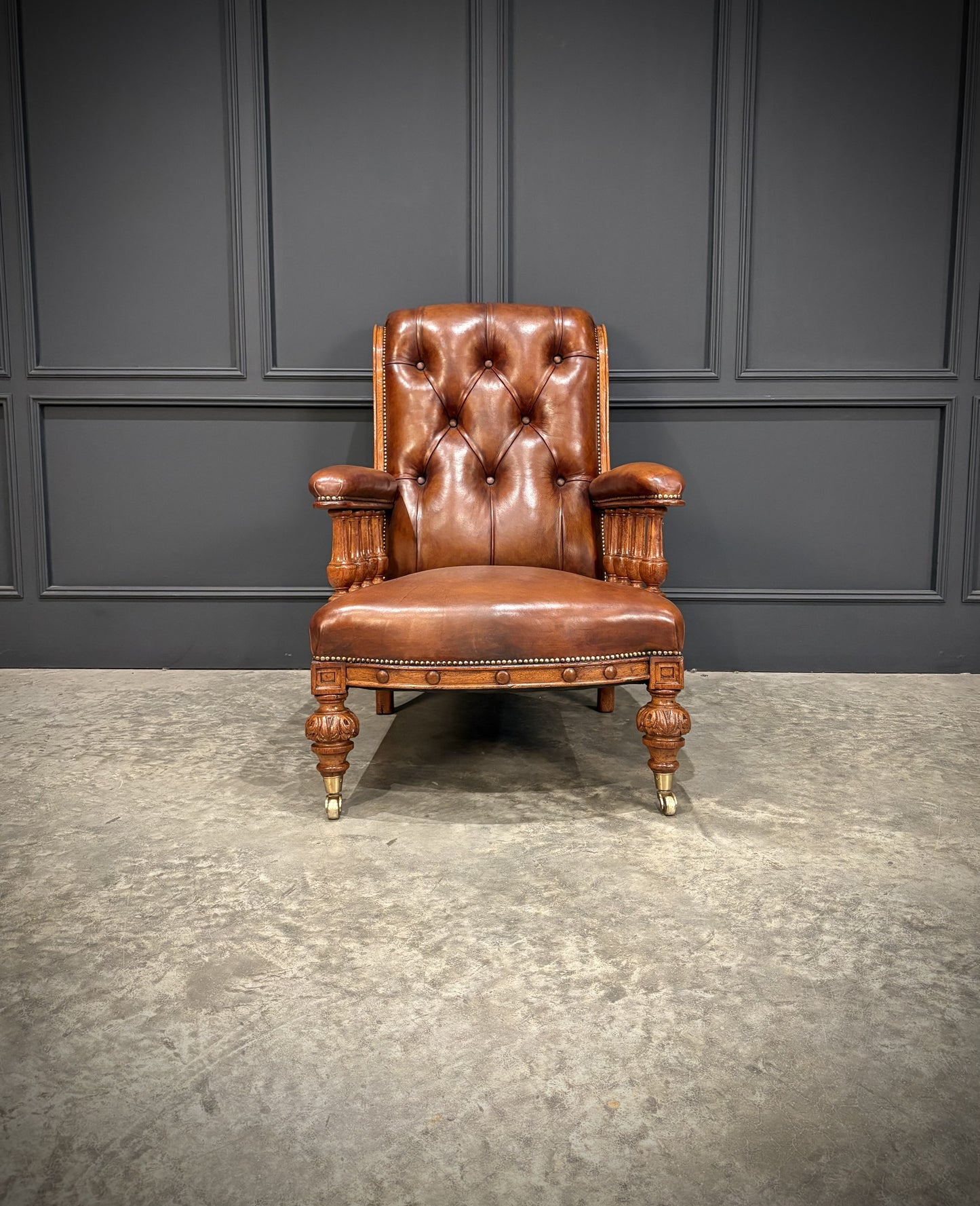 Pair Of Oak & Buttoned Vintage Leather Library Armchairs
