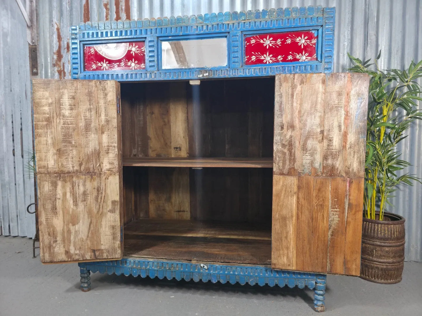 Blue Vintage Indian Glazed Colonial Wooden Kitchen Bathroom Drinks Cocktail Cabinet