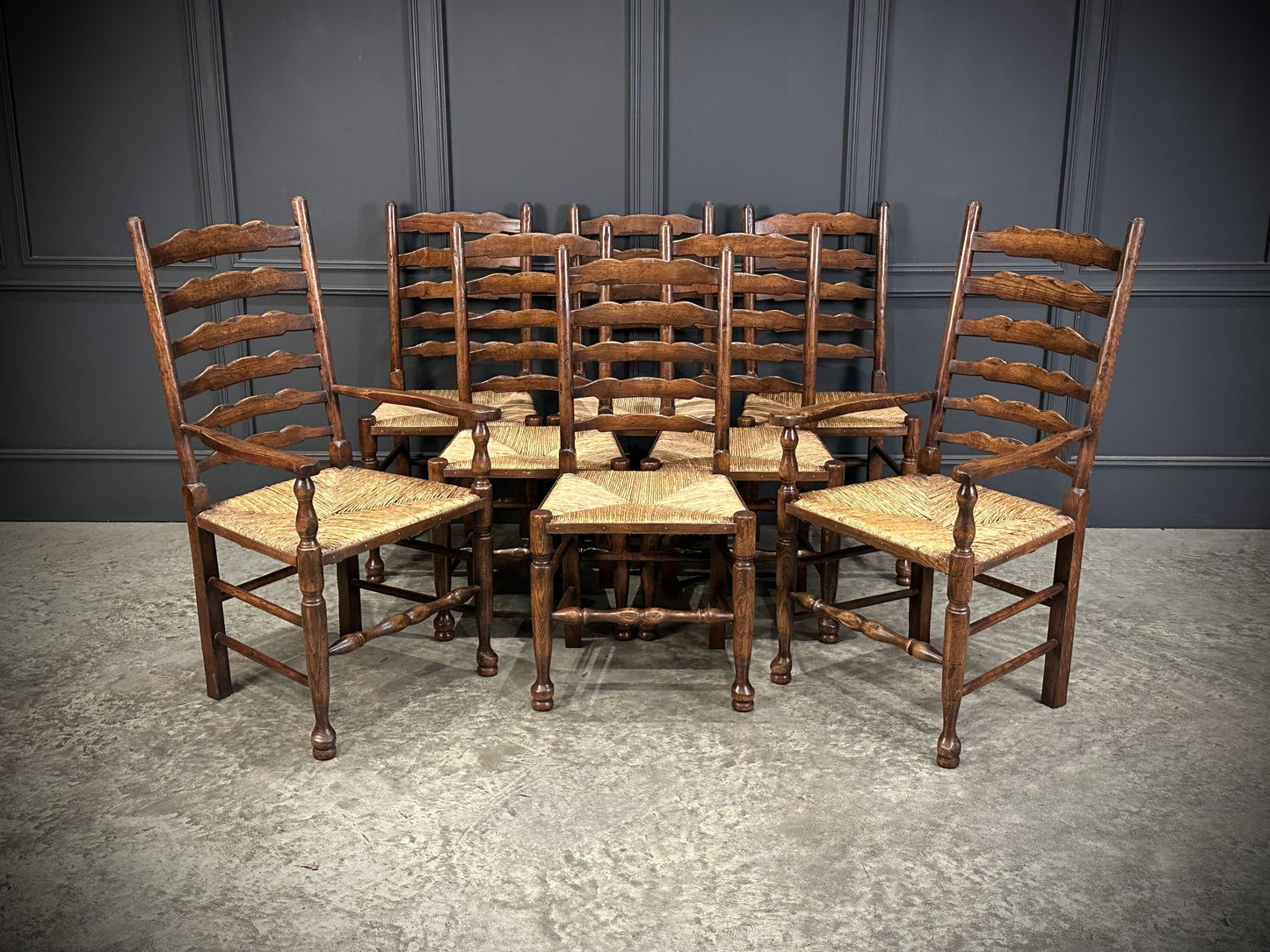 Set Of Eight Antique Ladder Back Dining Chairs