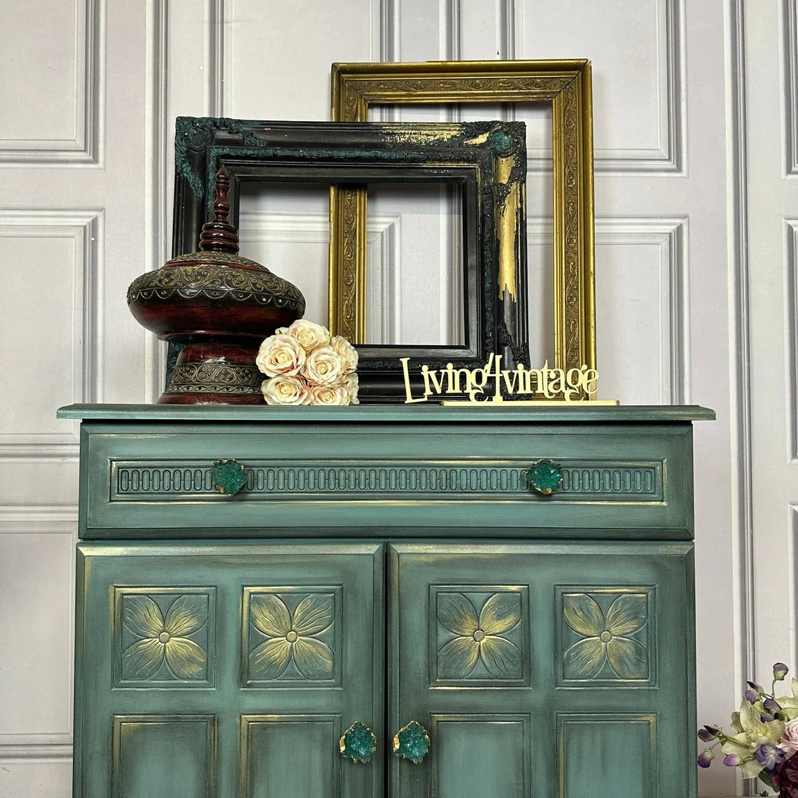 Vintage Painted Cabinet Moody Look Turquoise Cabinet with Carvings