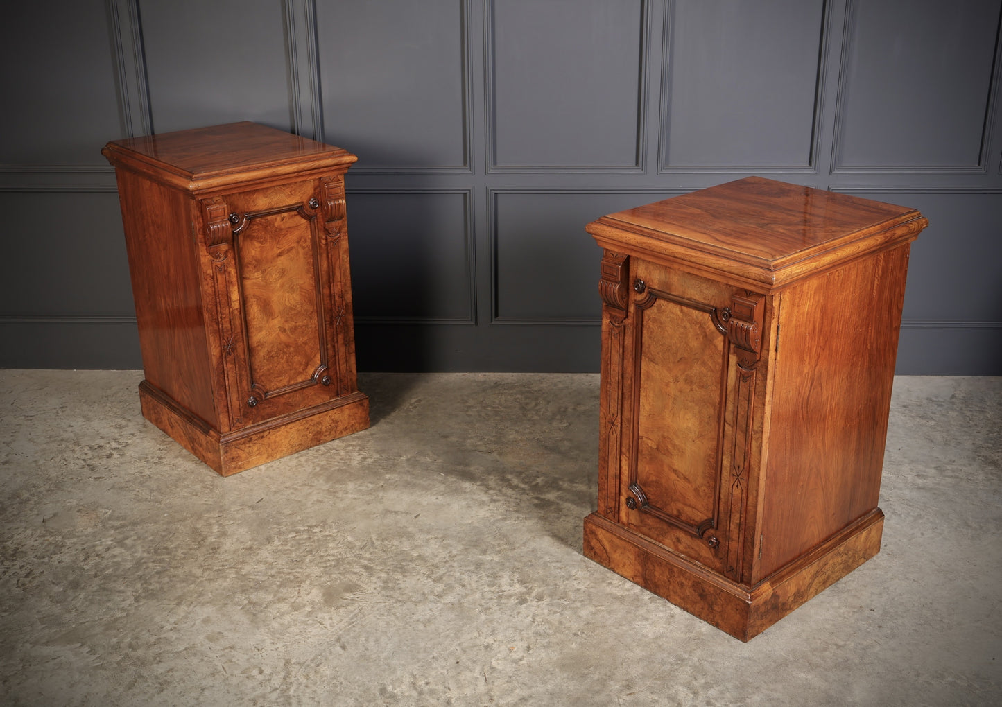 Large Pair Of Vintage Figured Walnut Pedestal Cabinets