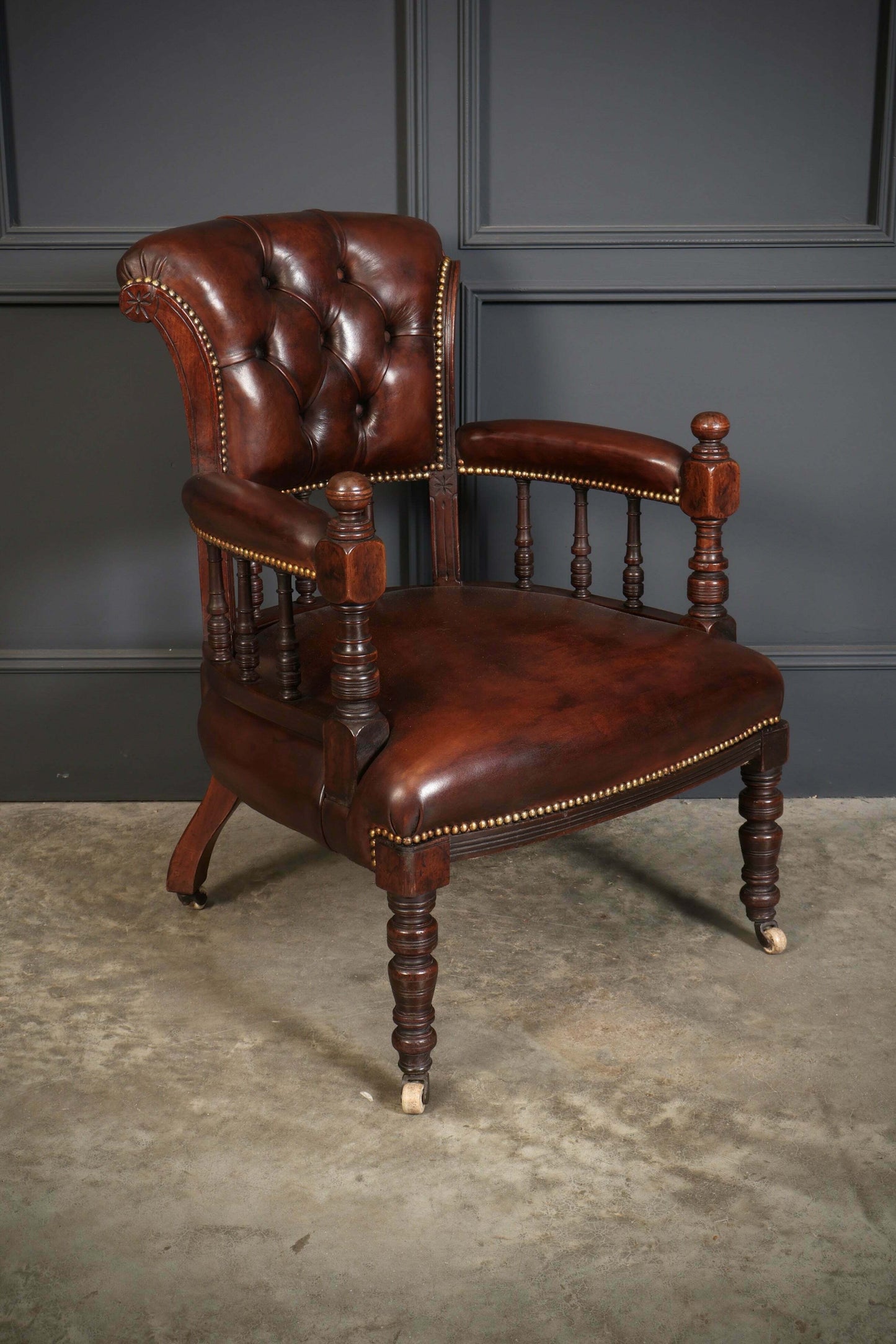Pair Of Vintage Victorian Mahogany & Buttoned Leather Captains Desk Chairs