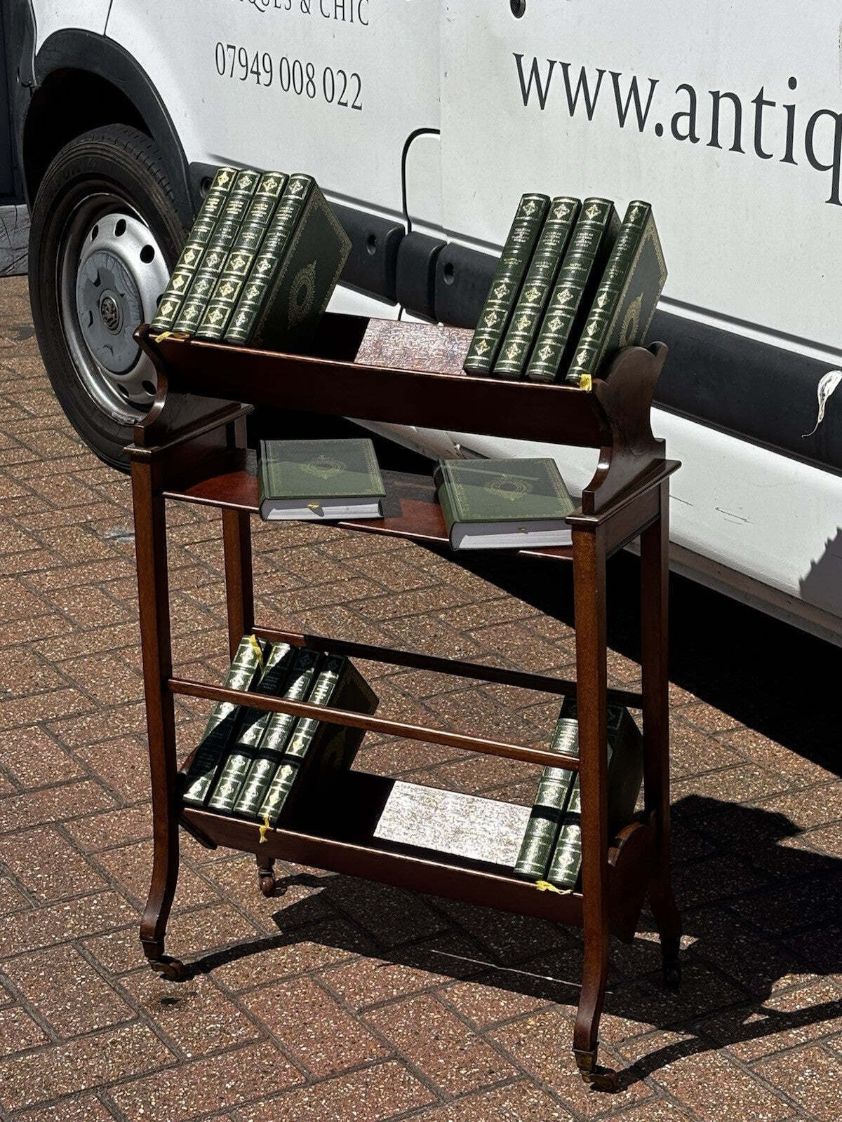 Edwardian Mahogany Book Trough On Brass Castors. Small Bookcase.