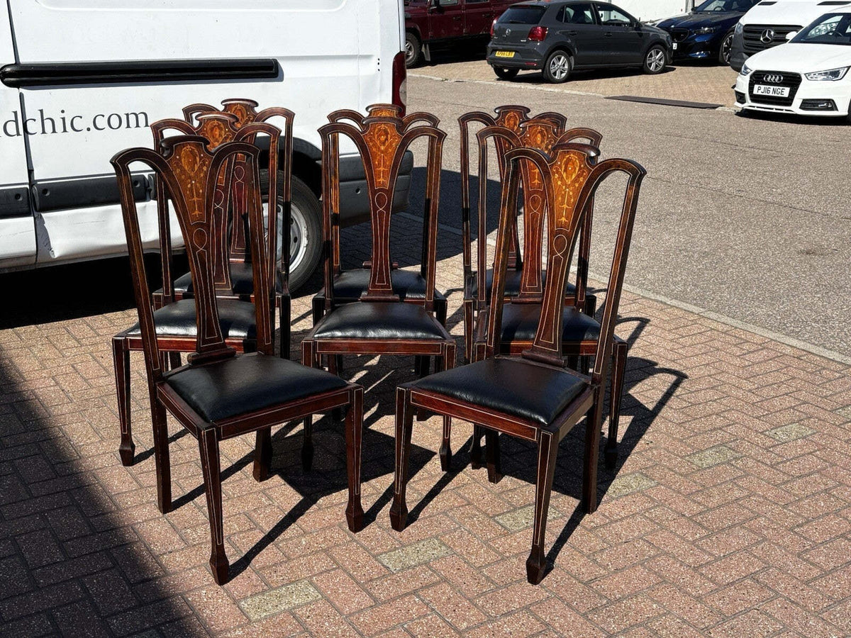 Set of 8 Art Noveau Marquetry Inlaid Mahogany Dining Chairs, New Upholstery.