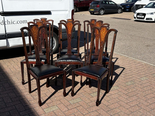 Set of 8 Art Noveau Marquetry Inlaid Mahogany Dining Chairs, New Upholstery.