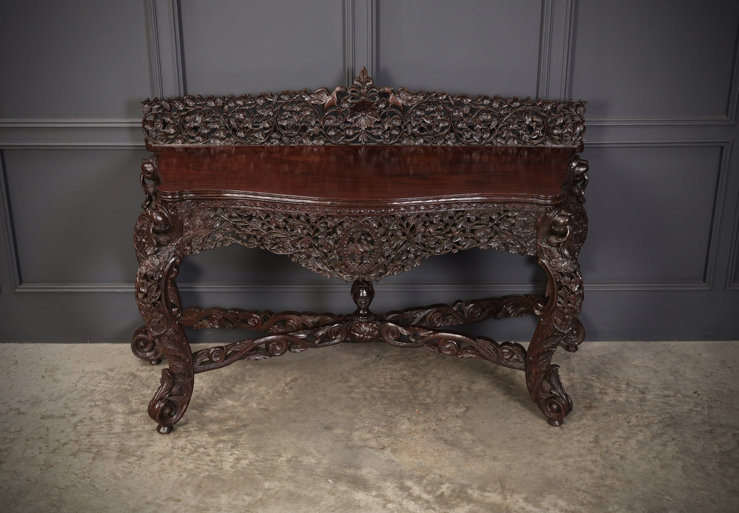 Antique Gothic Burmese Carved Padauk Wood Side Table