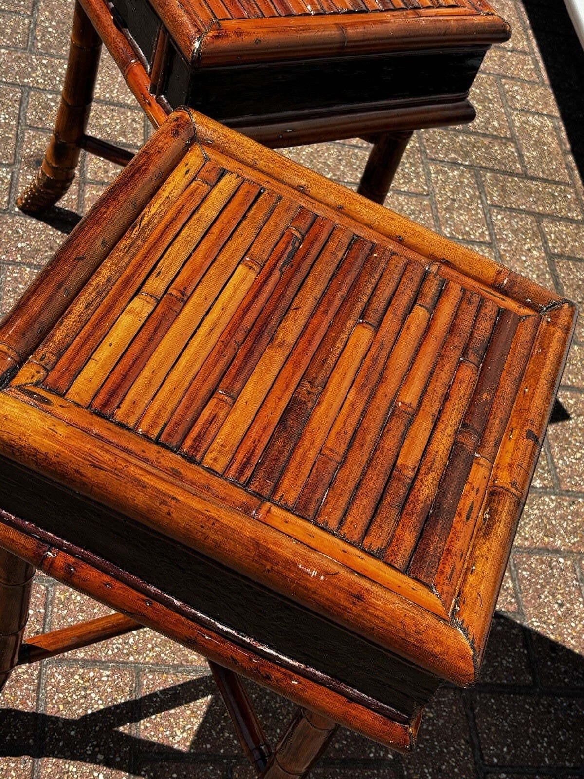 Pair Vintage Bamboo Bedside Tables, Lamp Tables, Side Tables. Each With Drawer.