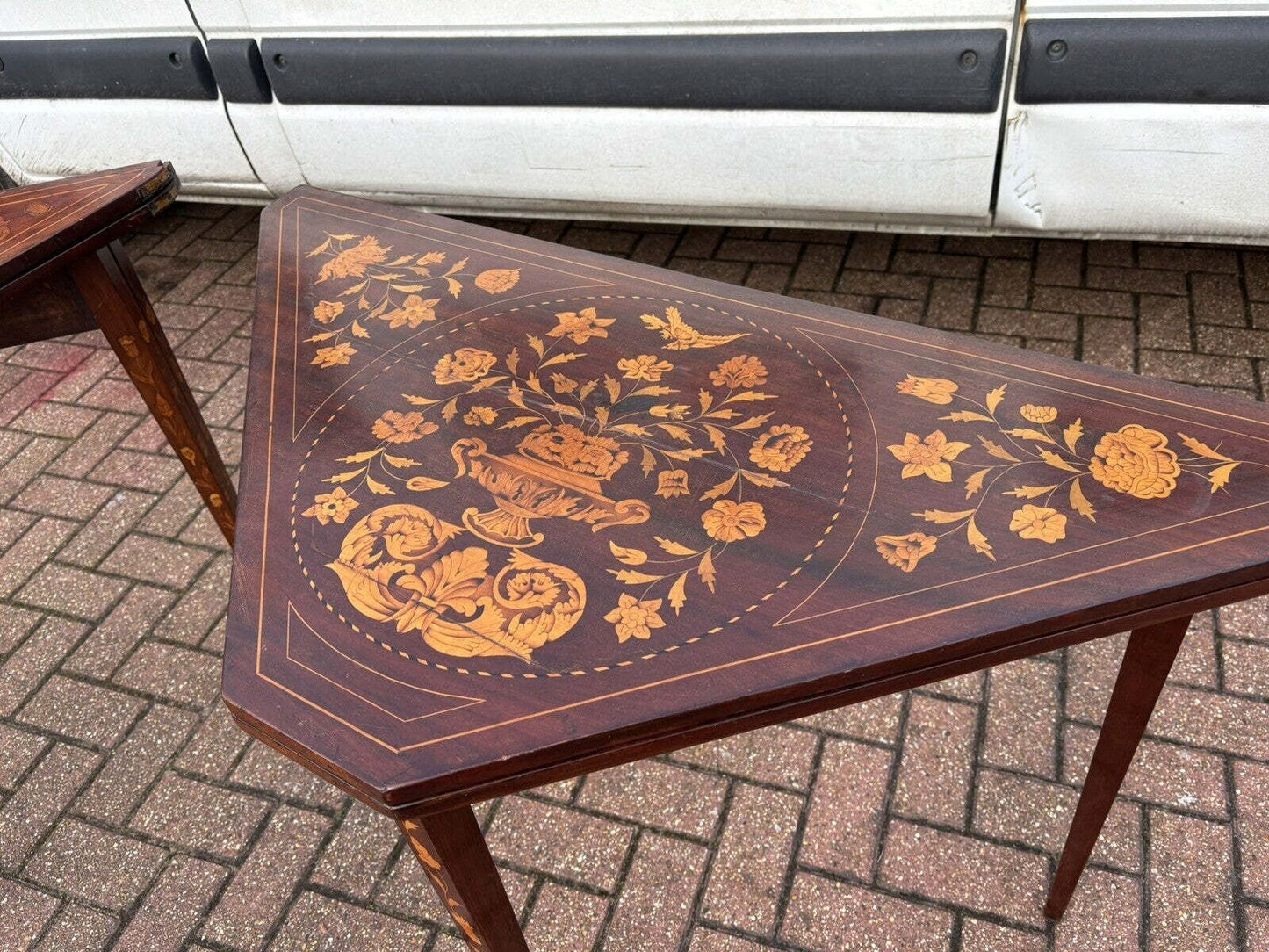 Pair 18th Century Dutch Marquetry Antique Games Tables, With Fold Over Lid & Card Playing Area