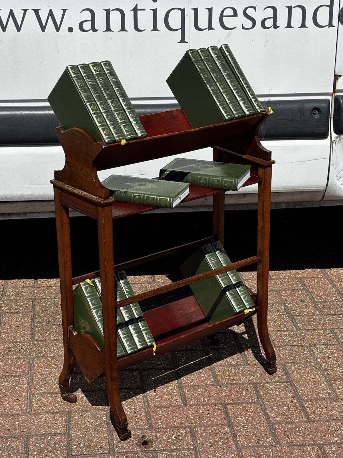 Edwardian Mahogany Book Trough On Brass Castors. Small Bookcase.