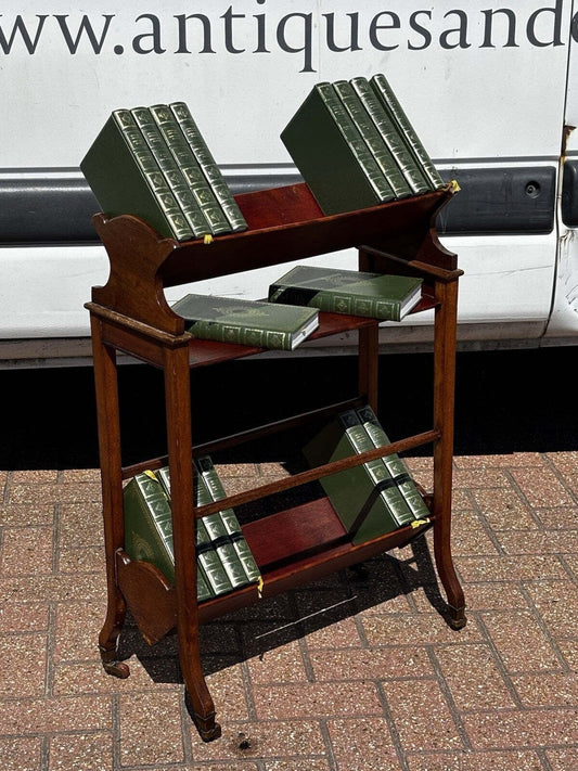 Edwardian Mahogany Book Trough On Brass Castors. Small Bookcase.