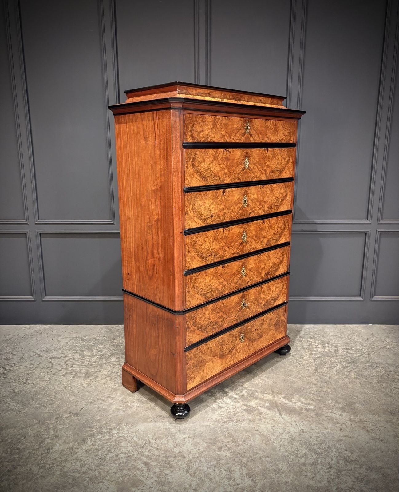 19th Century Walnut Tall Boy Art Deco Chest Of Drawers