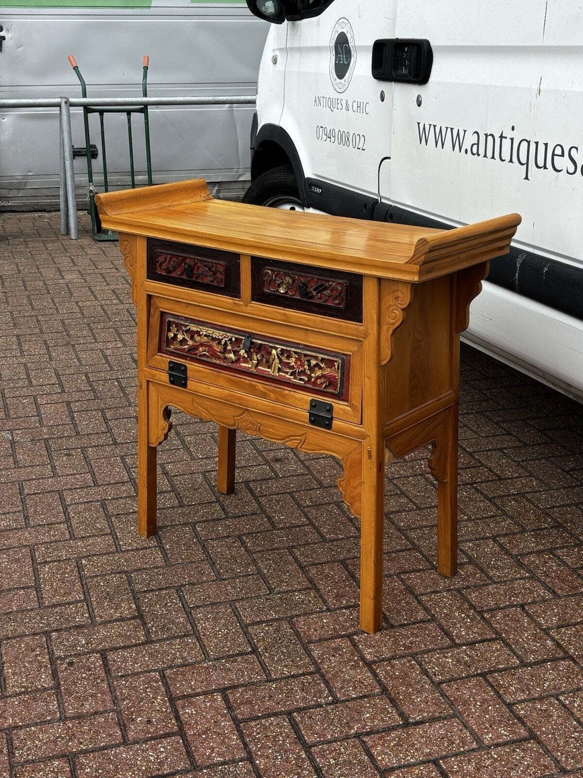 Oriental Console Table With 2 Drawers And A Cupboard.