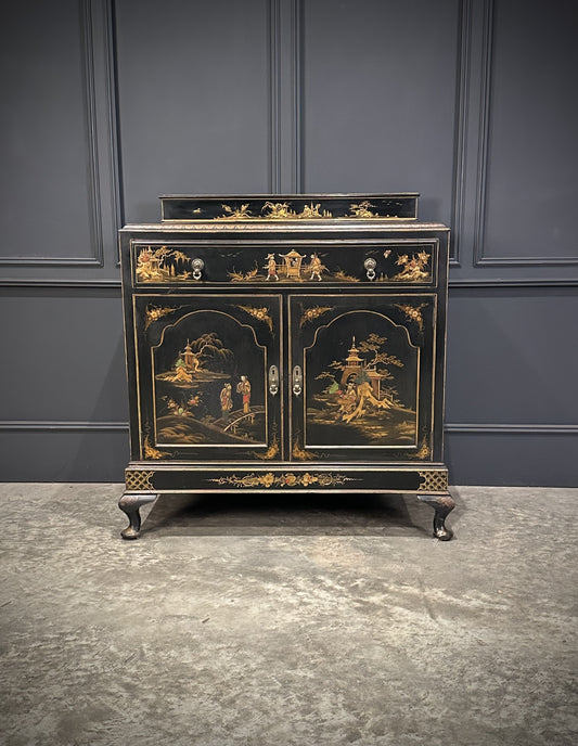 Vintage Chinoiserie Black Lacquered Japanned Sideboard