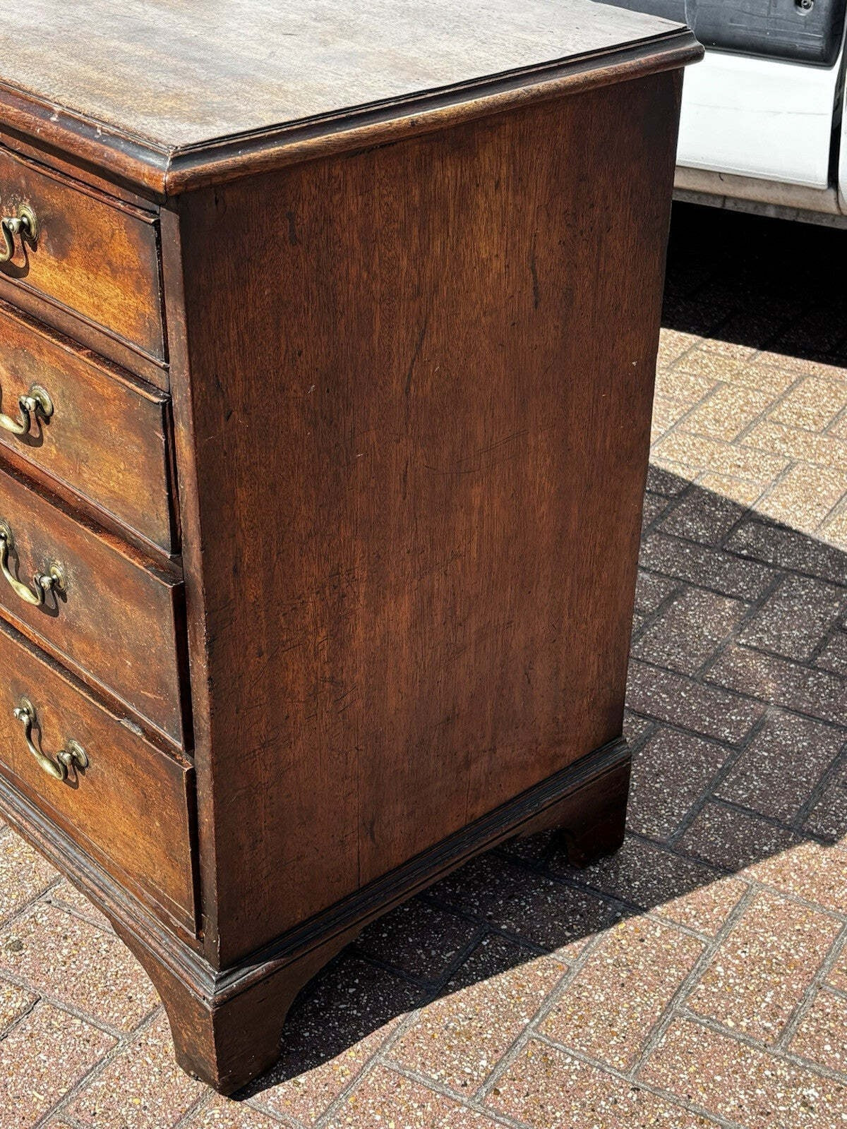 Vintage Georgian Mahogany Chest Of Drawers. Brass Handles, Bracket Feet.