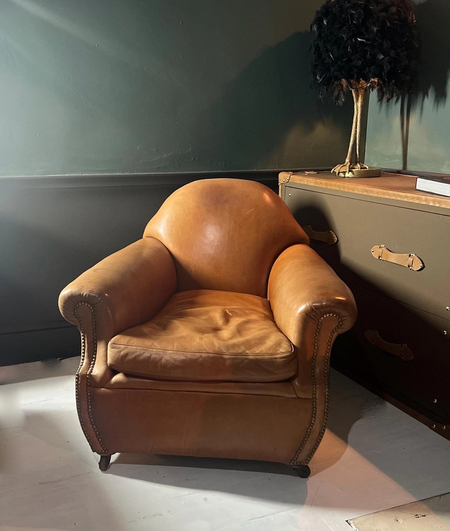 Vintage Tan Leather Wingback Club Chair – English Library Reading Armchair