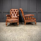 Pair Of Oak & Buttoned Vintage Leather Library Armchairs