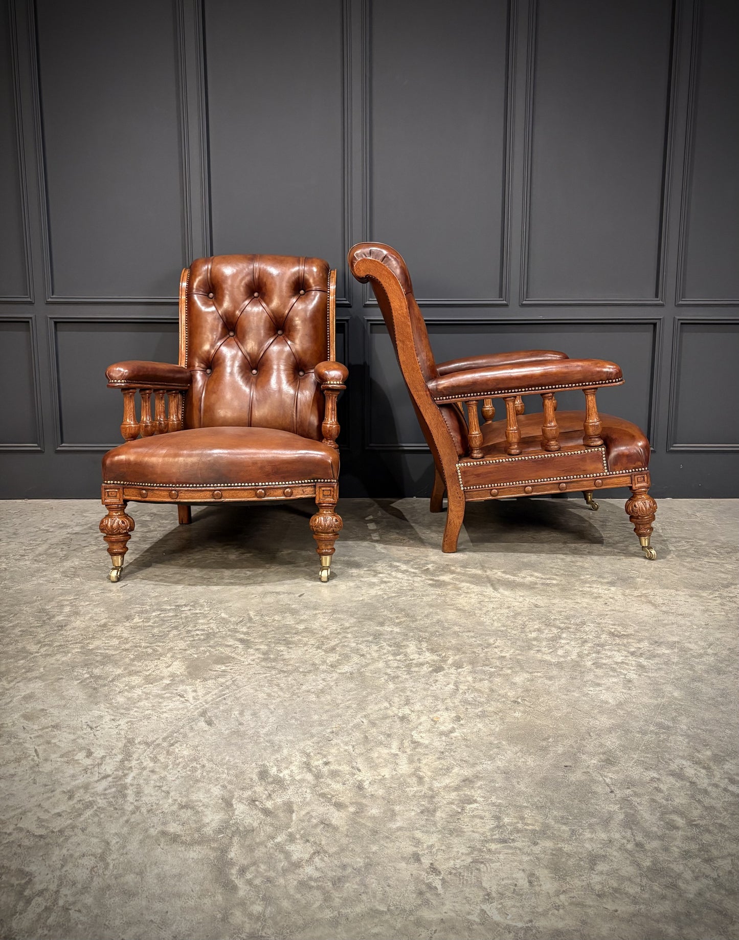 Pair Of Oak & Buttoned Vintage Leather Library Armchairs