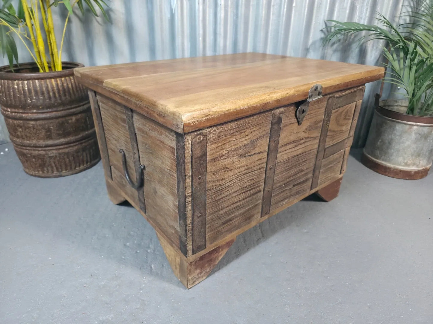 Vintage Rustic Indian Solid Wooden Dowry Chest Coffee Side Table Trunk