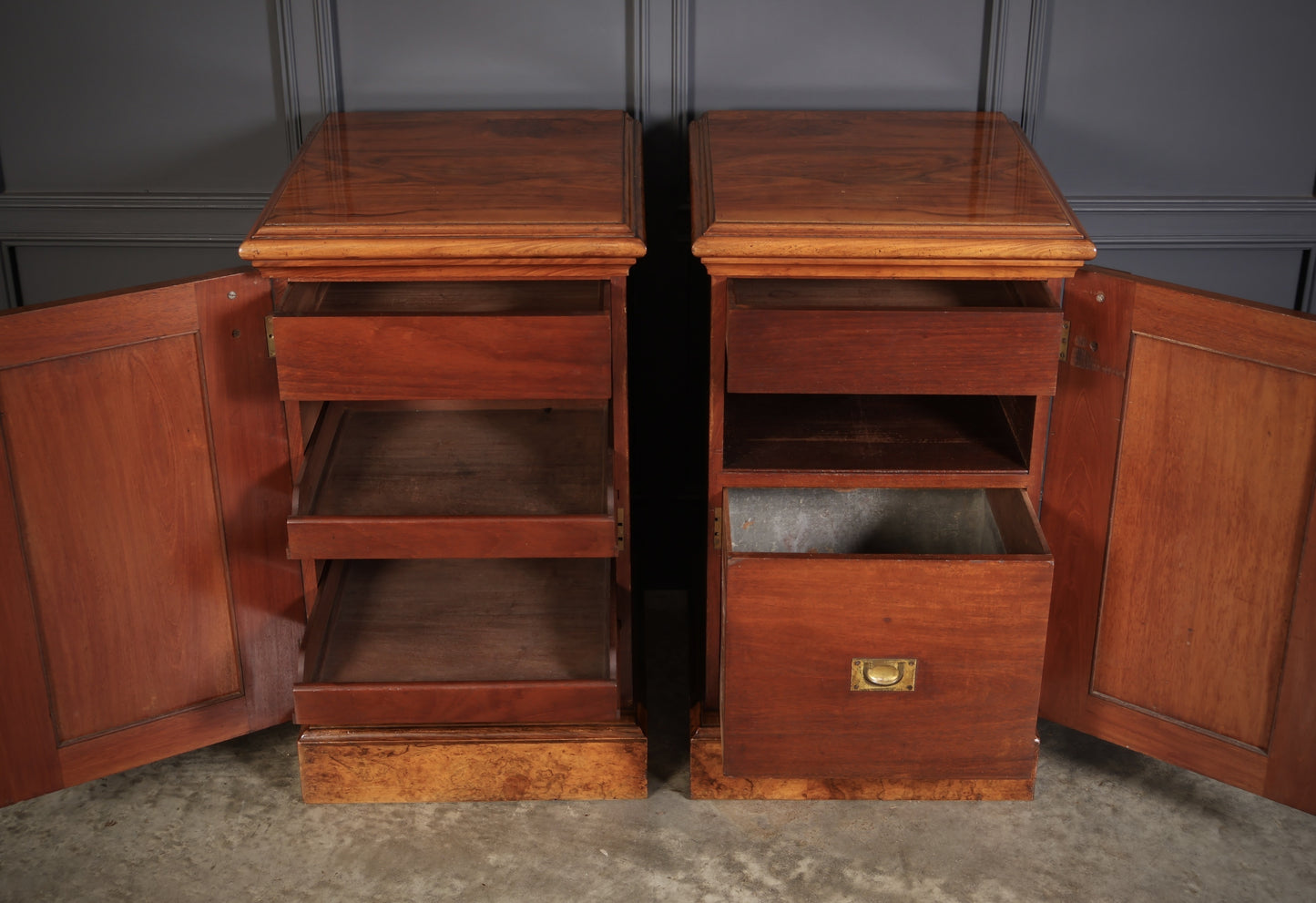 Large Pair Of Vintage Figured Walnut Pedestal Cabinets