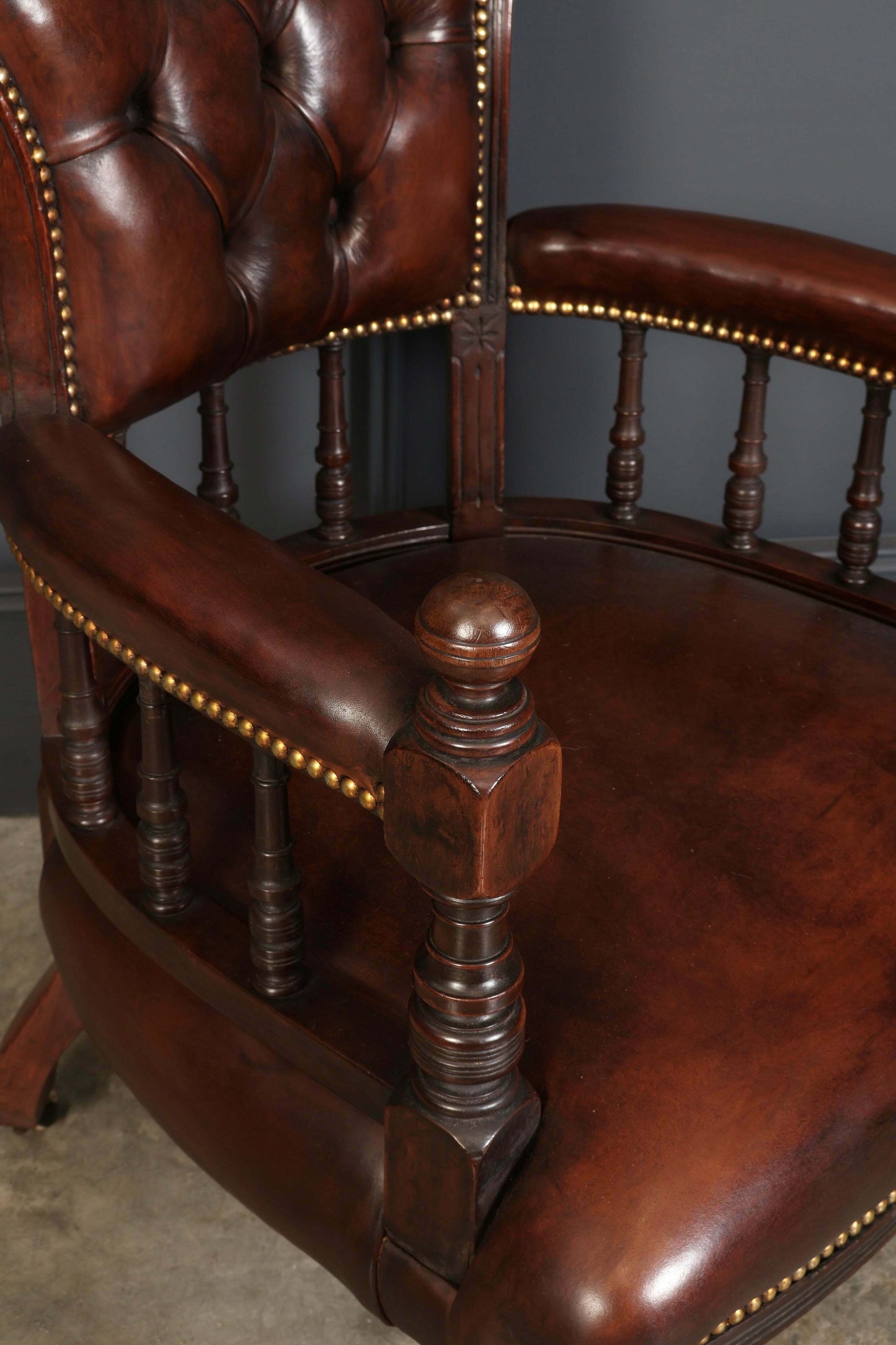 Pair Of Vintage Victorian Mahogany & Buttoned Leather Captains Desk Chairs