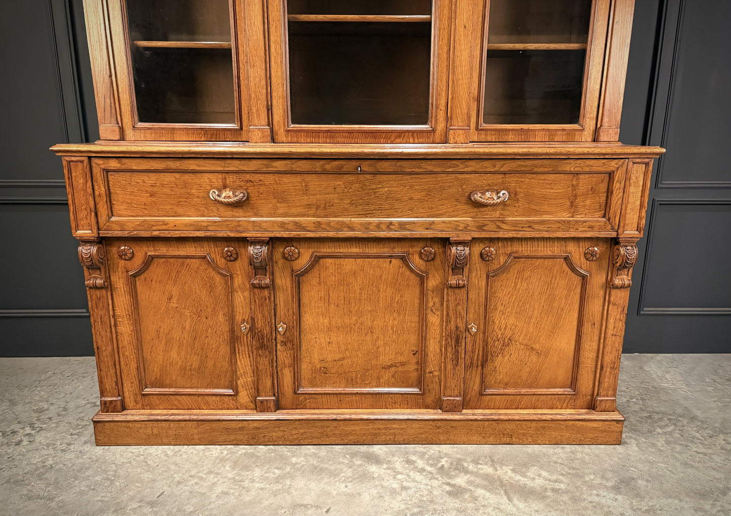 Large Vintage Early Victorian Breakfront Oak Bookcase