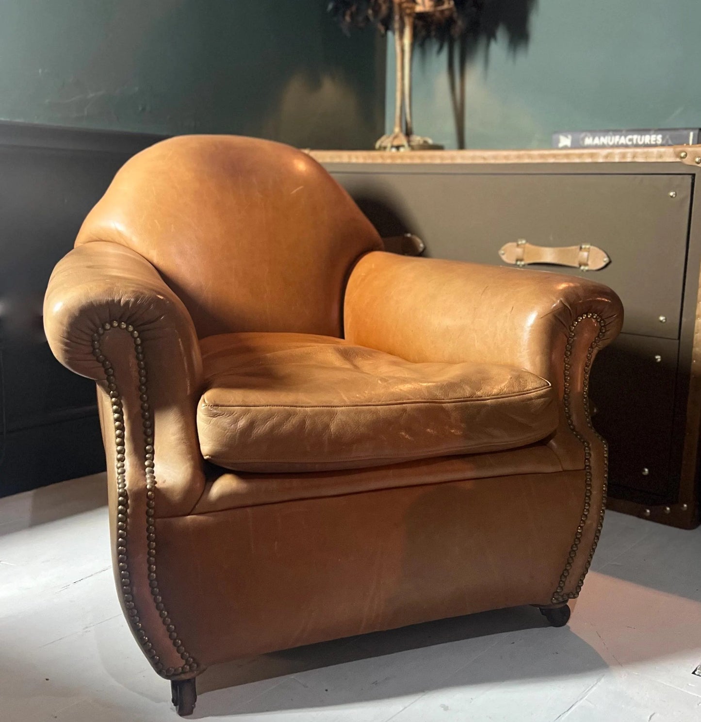 Vintage Tan Leather Wingback Club Chair – English Library Reading Armchair