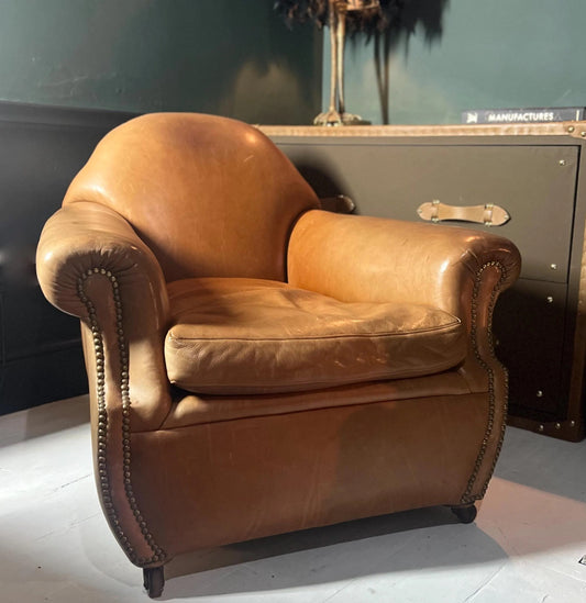 Vintage Tan Leather Wingback Club Chair – English Library Reading Armchair
