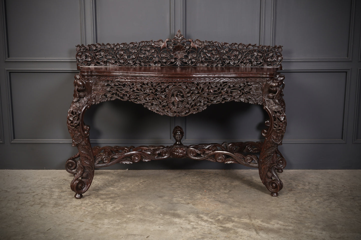 Antique Gothic Burmese Carved Padauk Wood Side Table