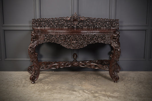 Antique Gothic Burmese Carved Padauk Wood Side Table