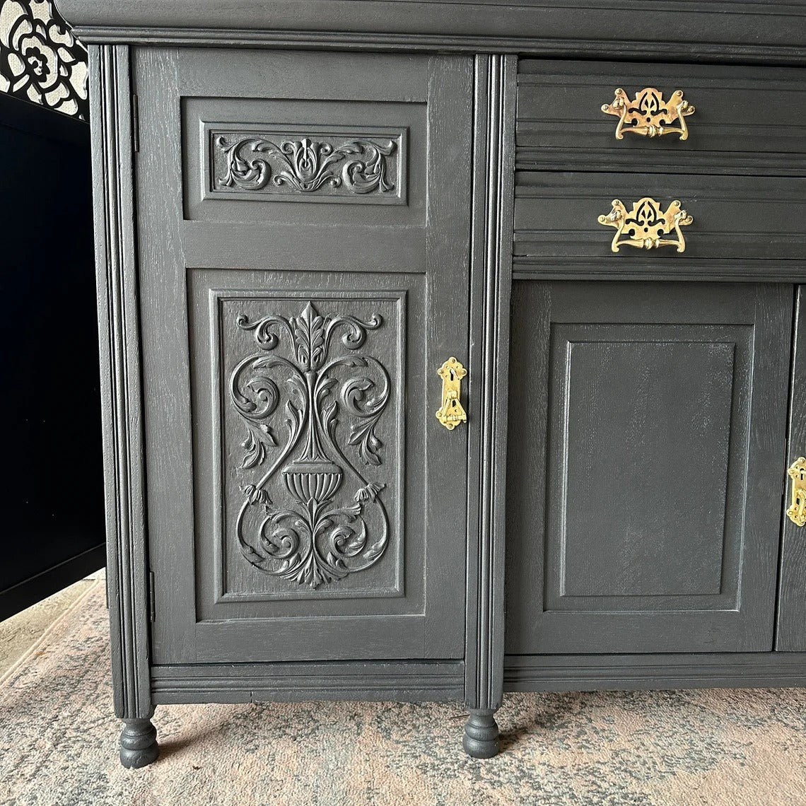 Painted Black Antique Sideboard Victorian Sideboard Heavily Carved