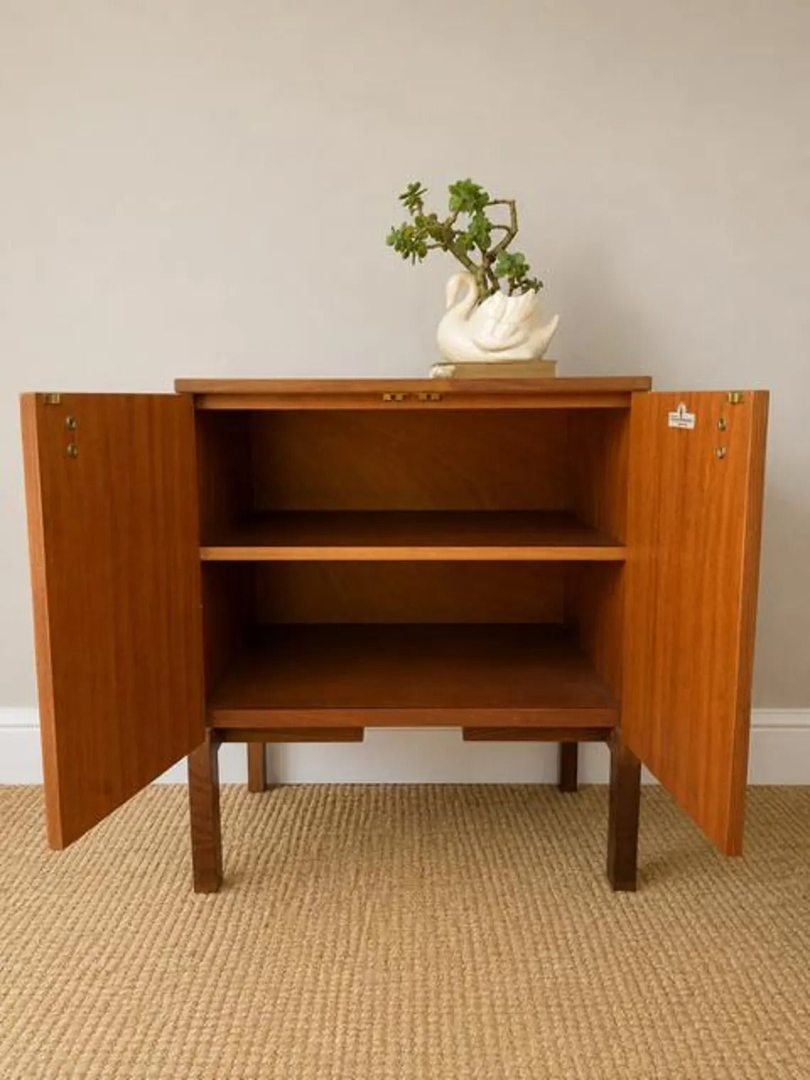 Mid Century Teak Retro Drinks Cabinet | Vintage Bedside Table | Compact Drinks Cabinet | Vinyl Storage | Danish Modern Style