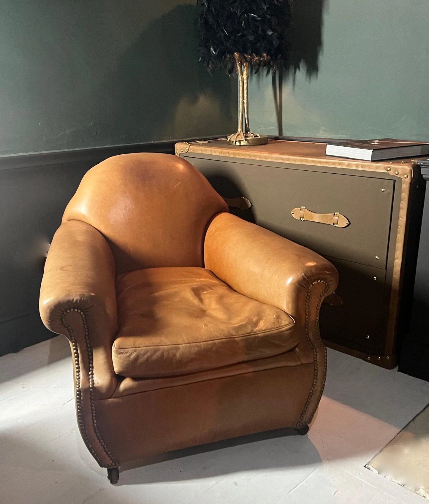 Vintage Tan Leather Wingback Club Chair – English Library Reading Armchair