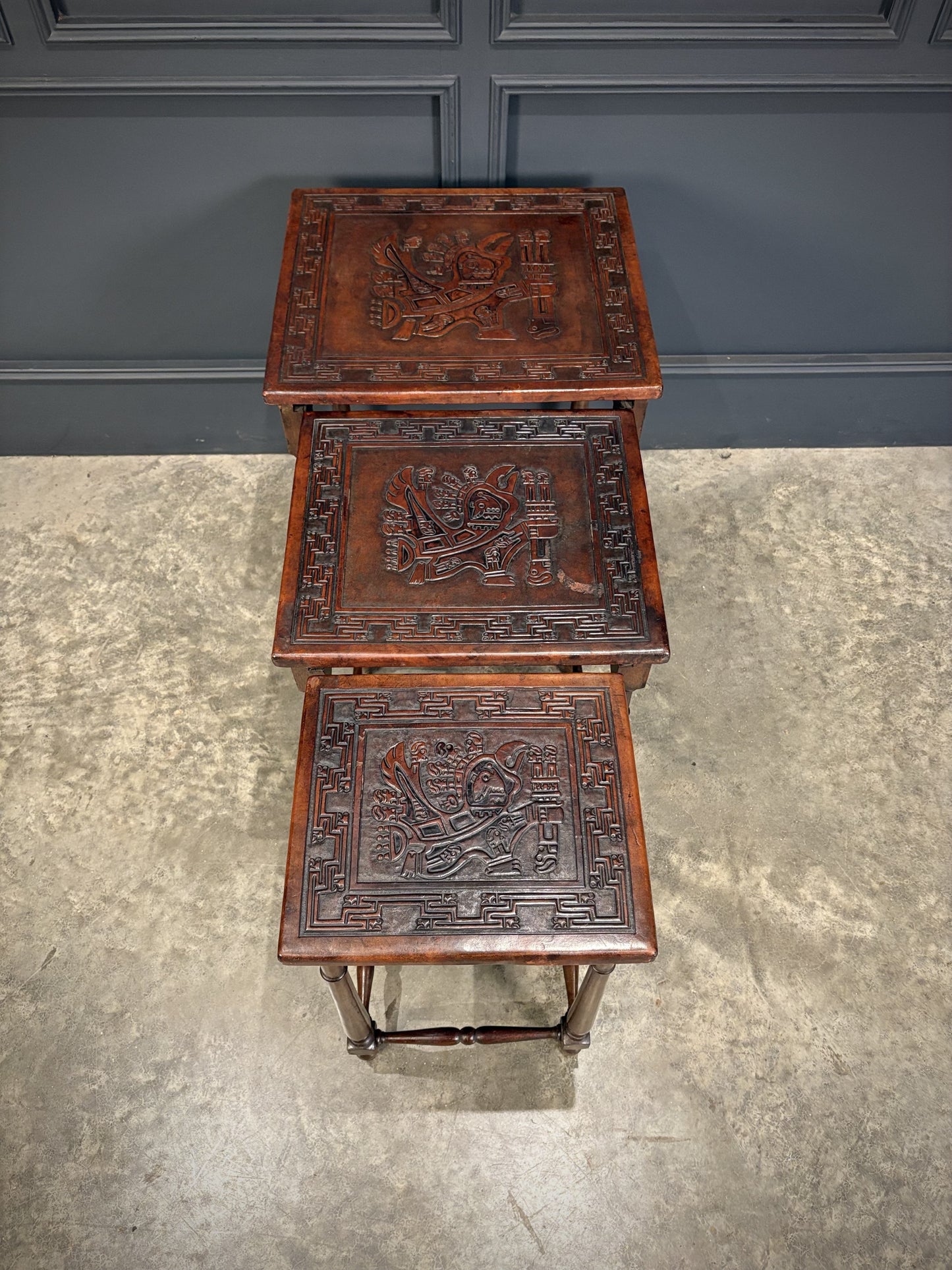 Nest Of Three Embossed Carved Leather Top Tables