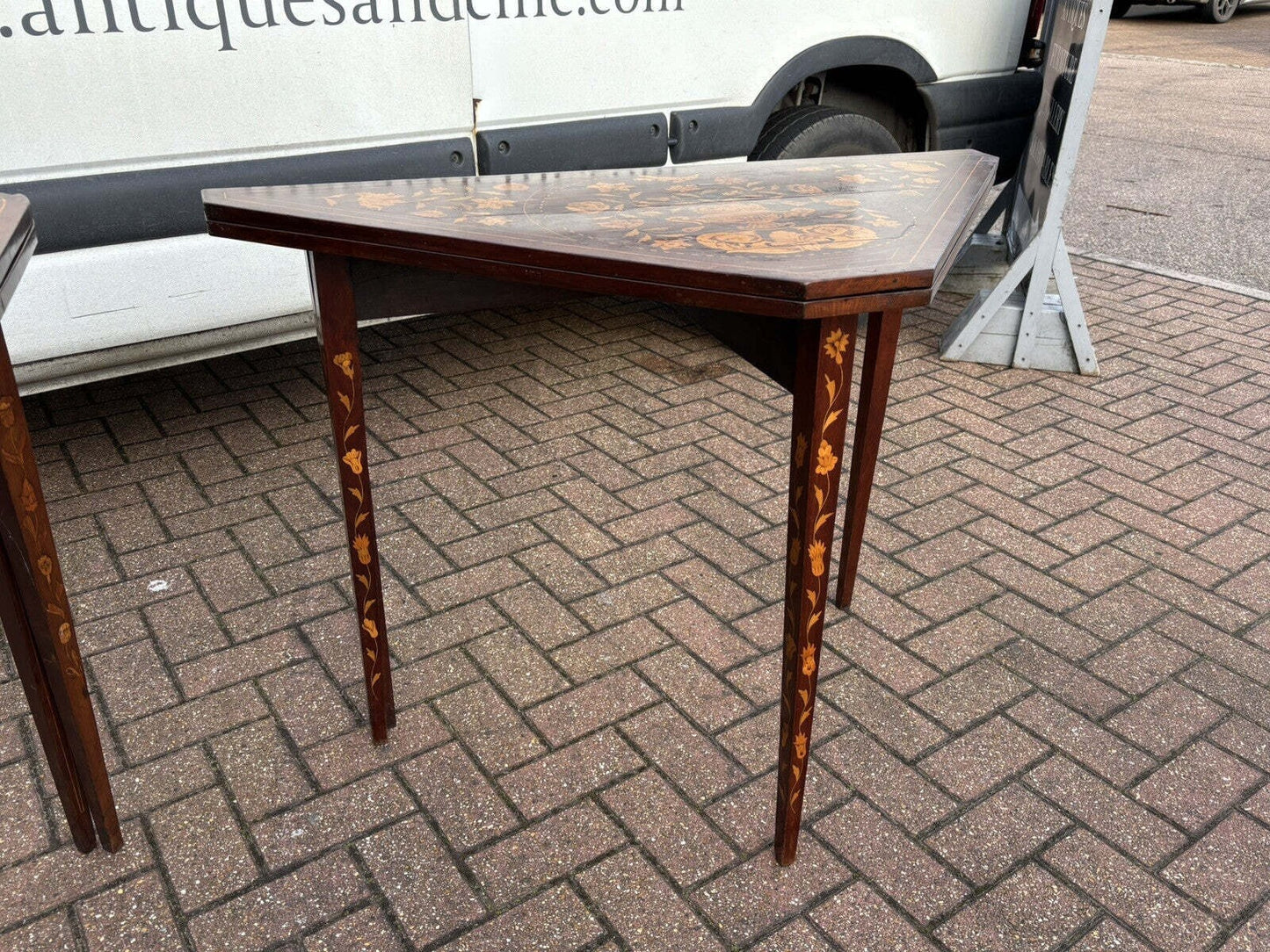 Pair 18th Century Dutch Marquetry Antique Games Tables, With Fold Over Lid & Card Playing Area