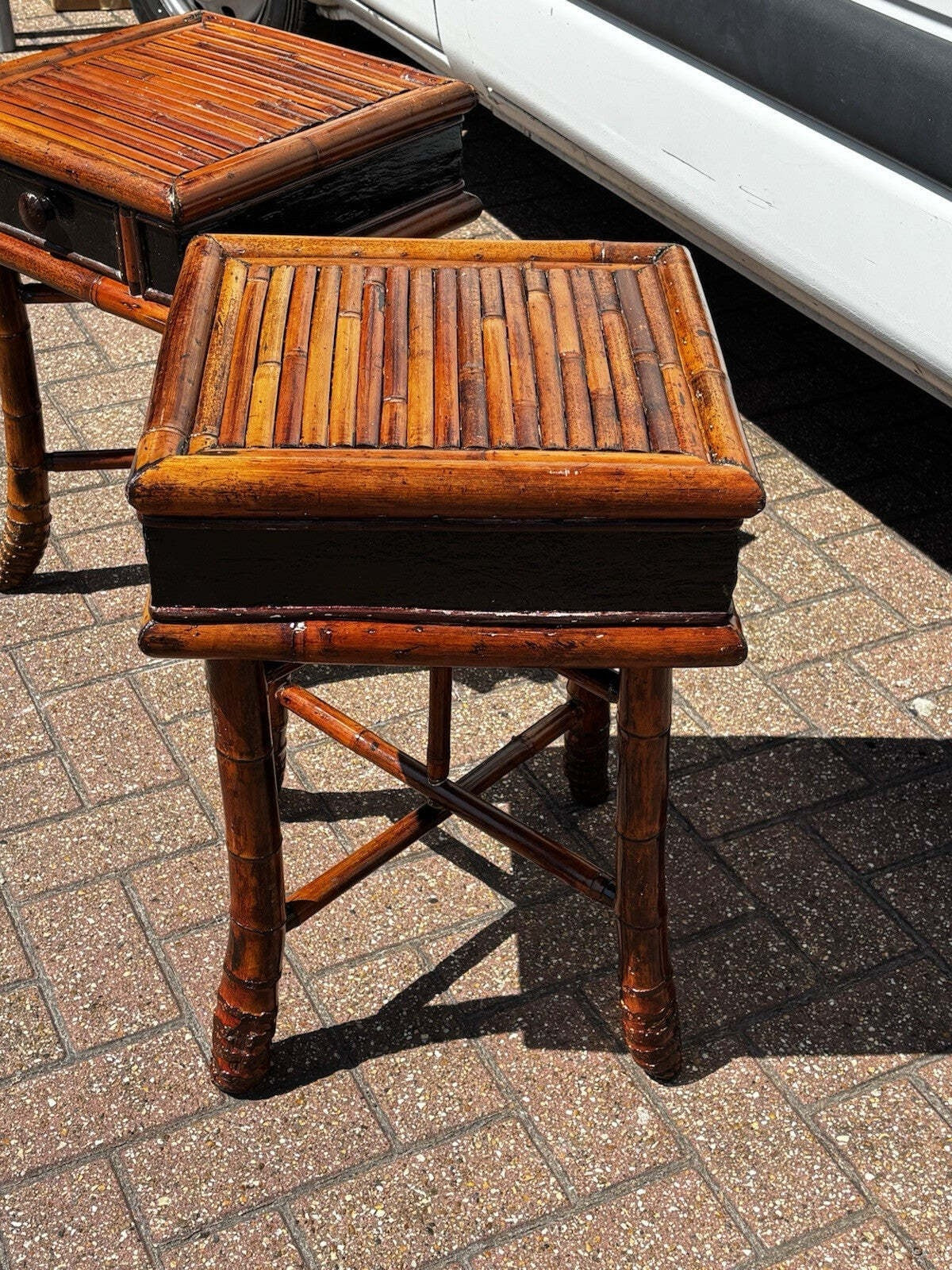 Pair Vintage Bamboo Bedside Tables, Lamp Tables, Side Tables. Each With Drawer.