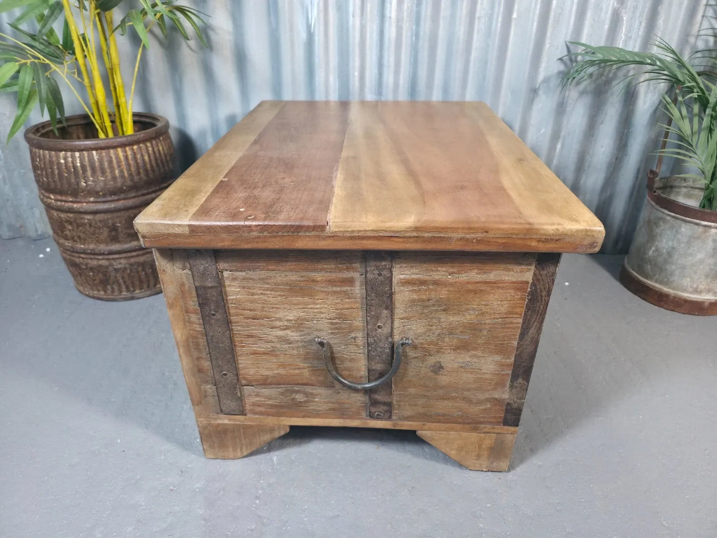 Vintage Rustic Indian Solid Wooden Dowry Chest Coffee Side Table Trunk
