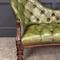 Vintage Victorian Green Buttoned Leather Double Spoon Back Sofa
