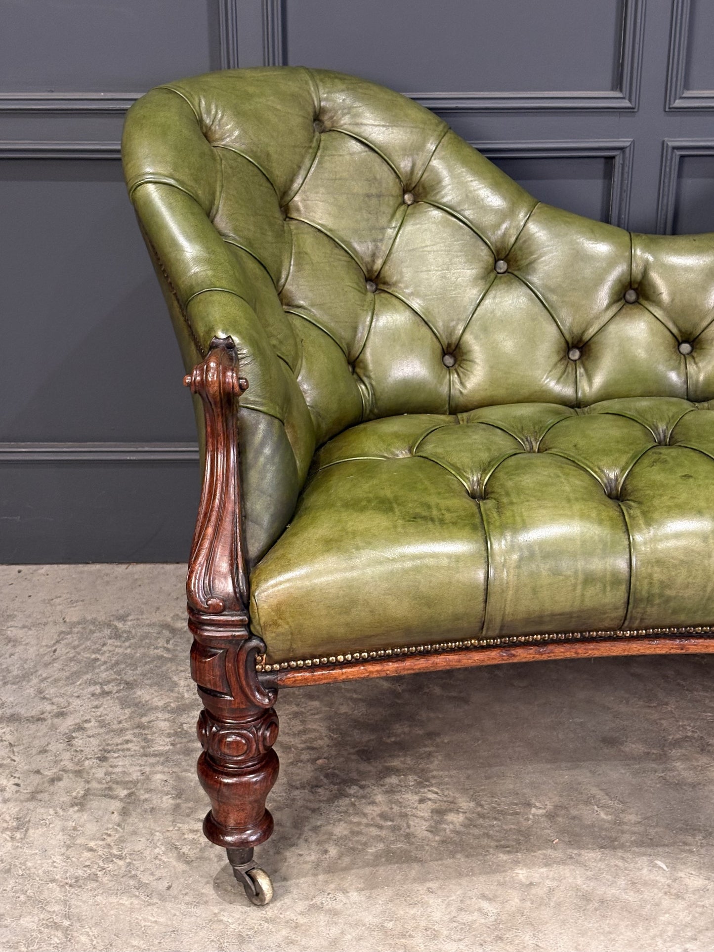 Vintage Victorian Green Buttoned Leather Double Spoon Back Sofa