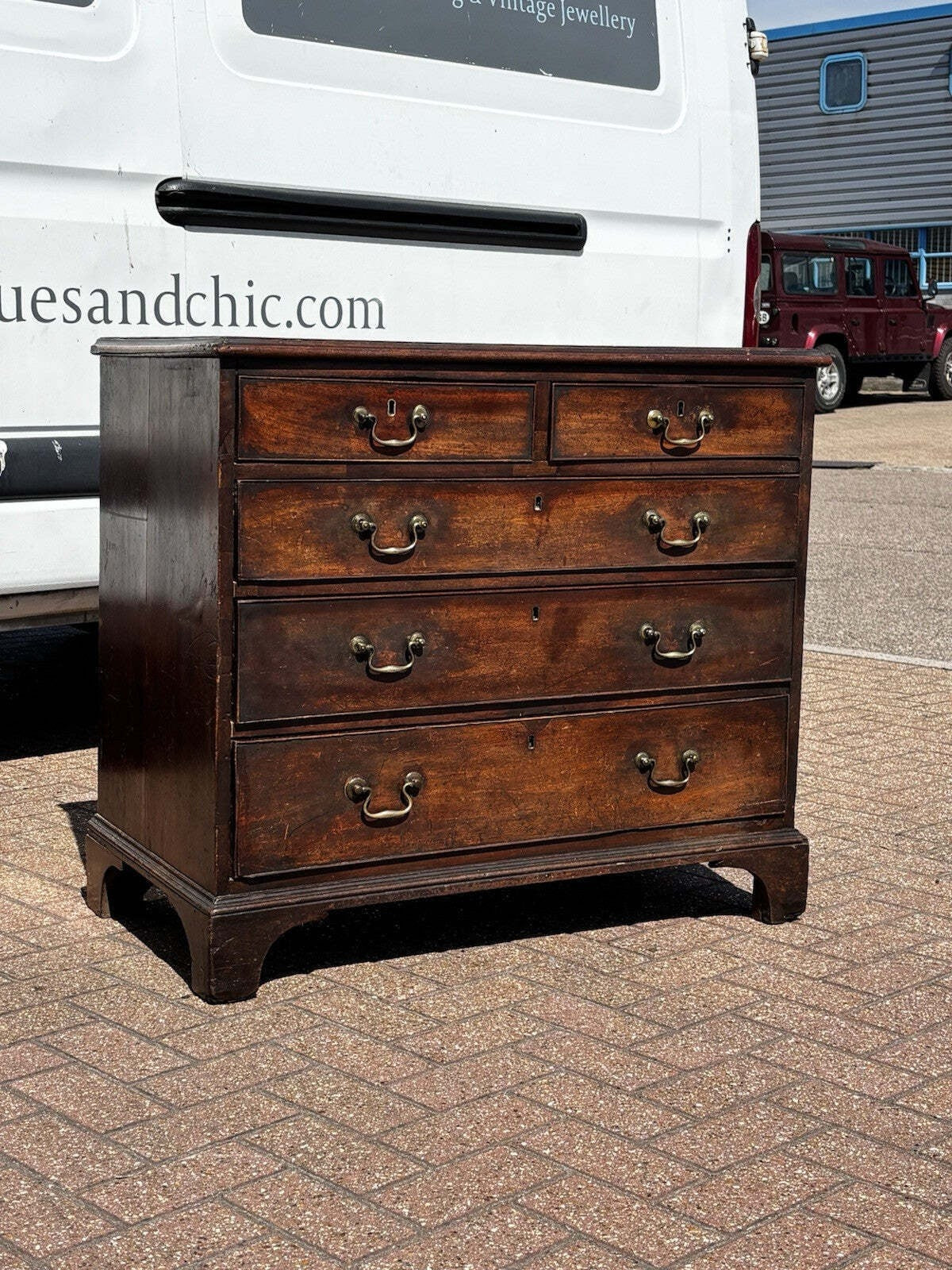 Vintage Georgian Mahogany Chest Of Drawers. Brass Handles, Bracket Feet.