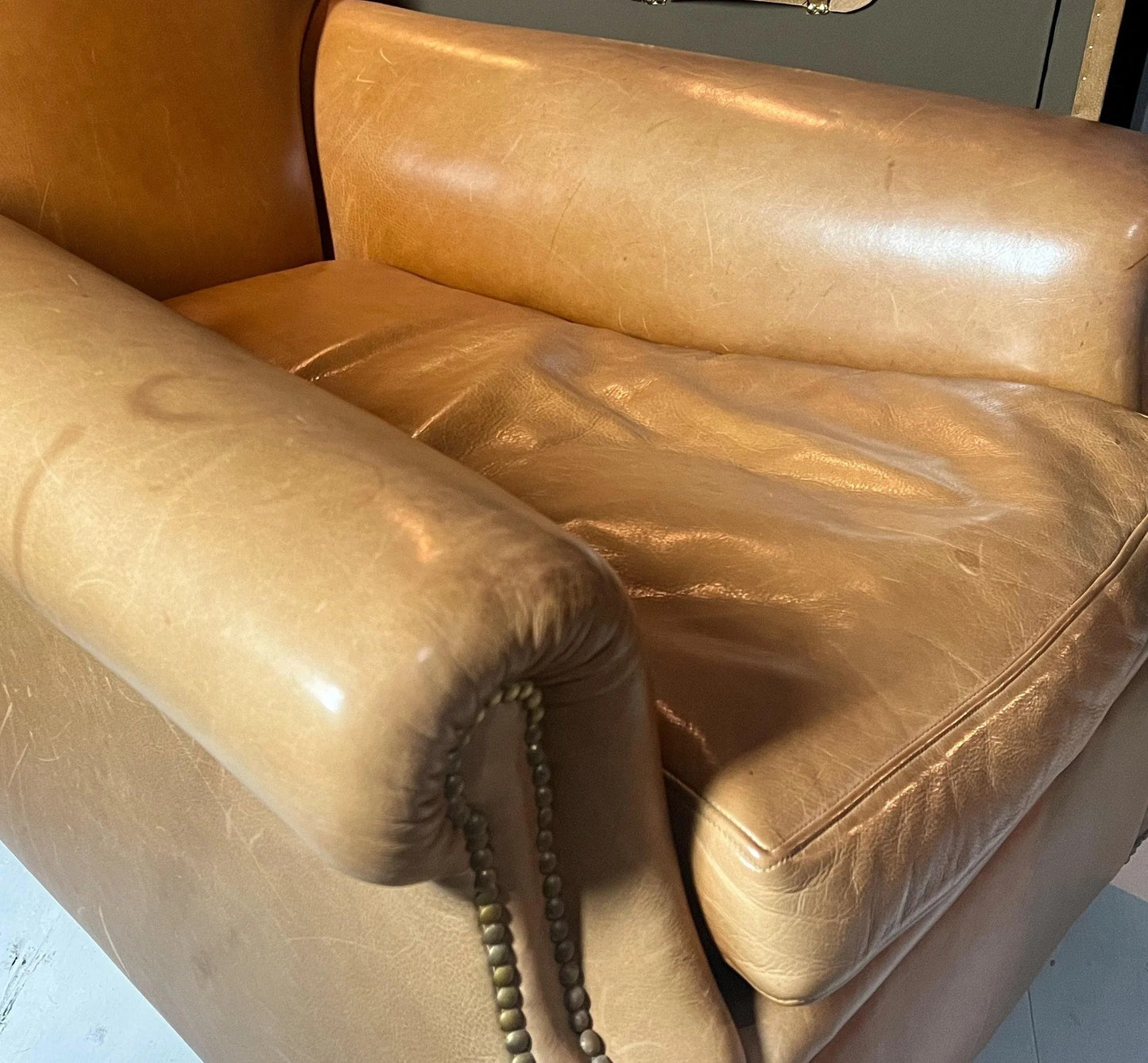 Vintage Tan Leather Wingback Club Chair – English Library Reading Armchair