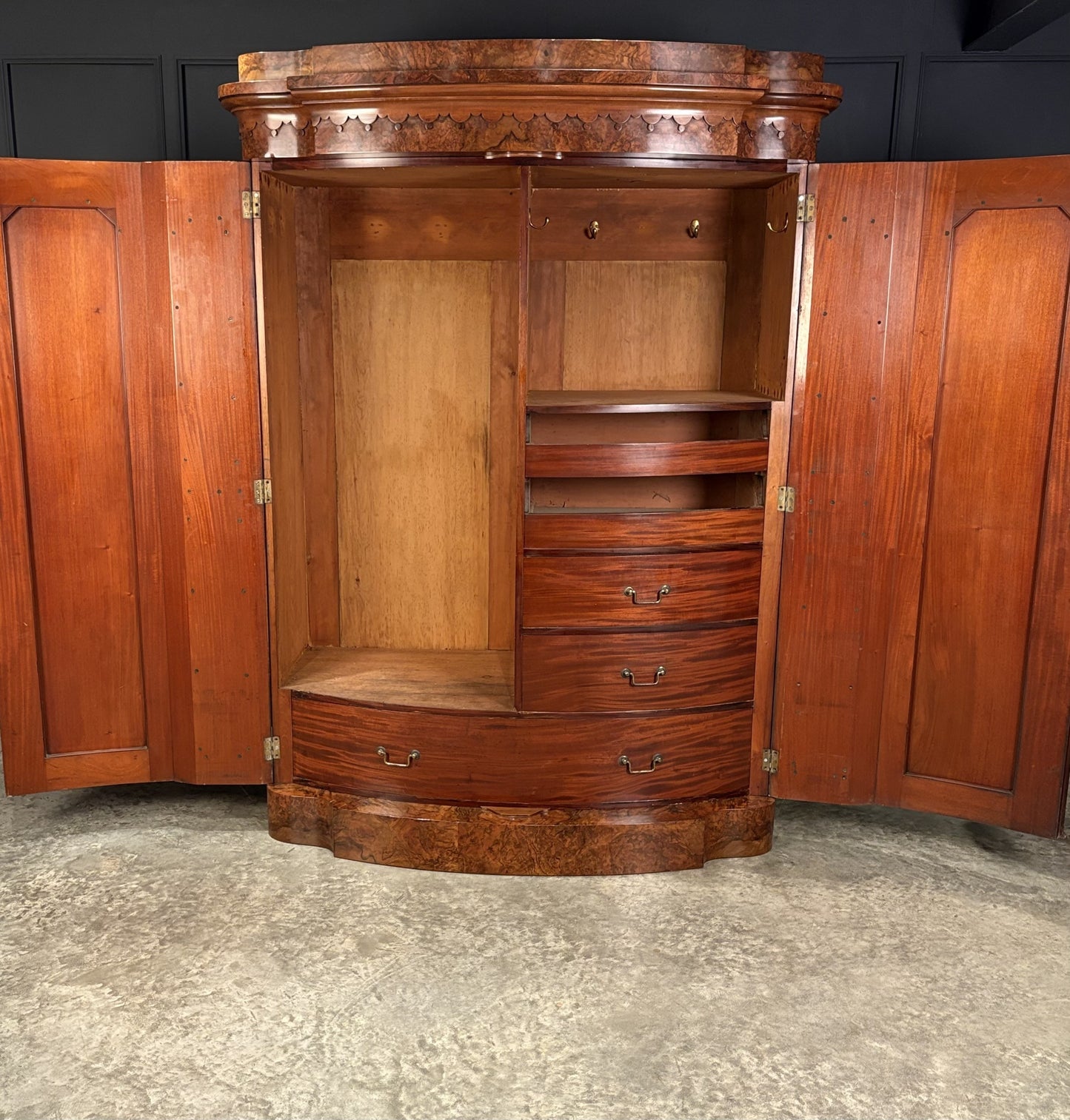 Large Victorian Bow Front Walnut Art Deco Wardrobe