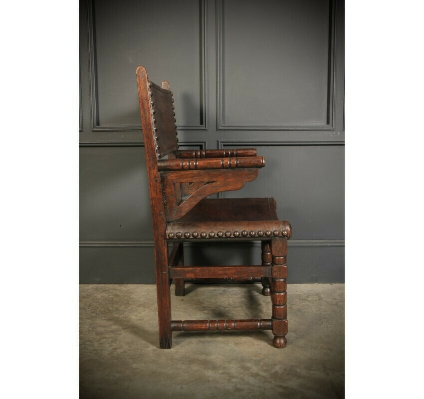 Pair Of Oak And Leather Antique Armchairs